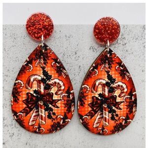 Wooden Water Drop Earrings ￼Candy Canes Red & White